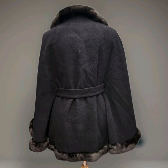New Ellen Tracy Black Wool Blend Coat Cape Poncho XL Faux Fur Trim - Picture 4 of 8